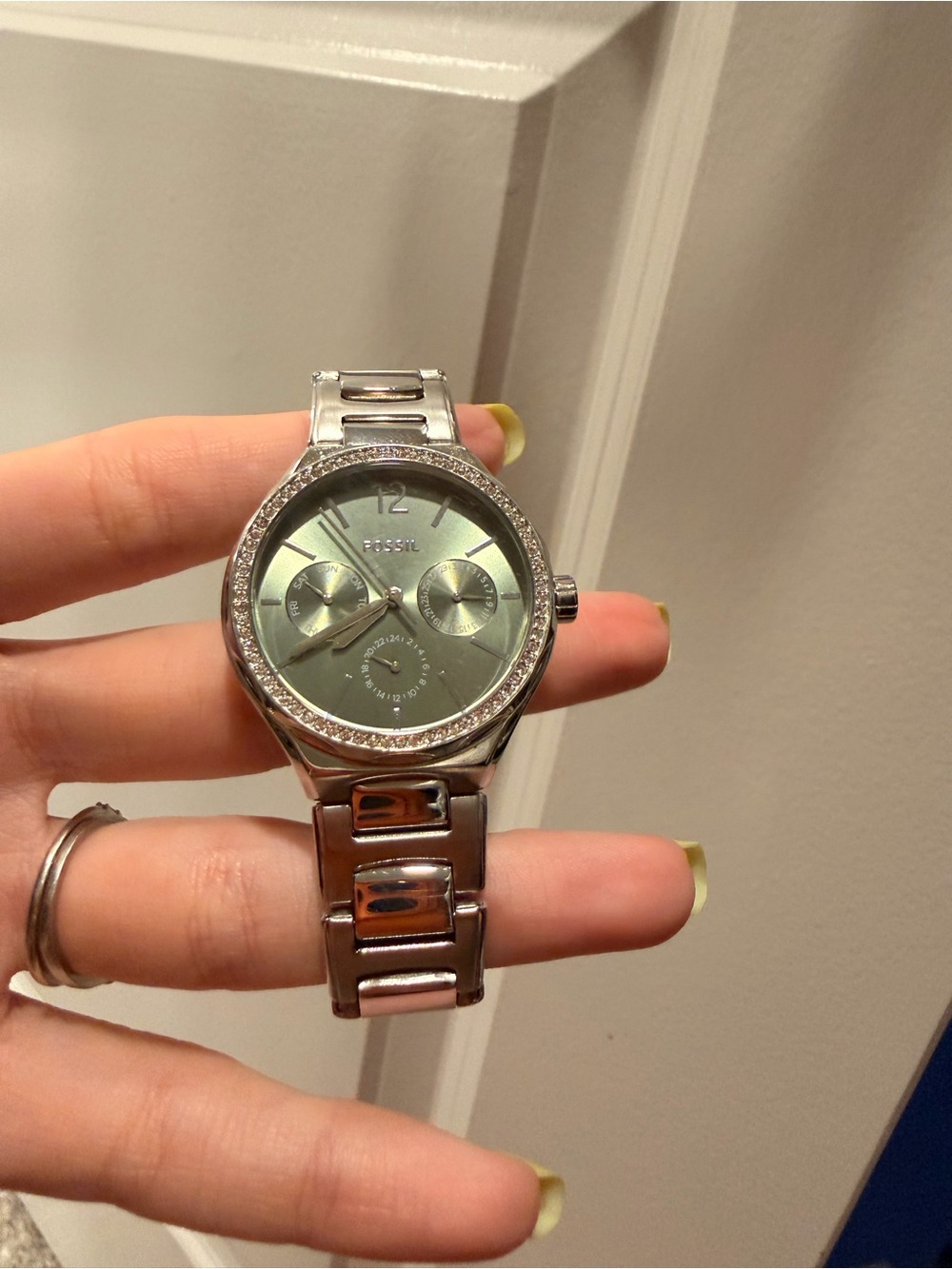 Fossil Silver-Tone Bracelet Watch with Green Dial and Crystal Bezel